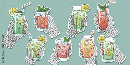 Refreshing Summer Drinks Set with Lemonade, Cocktails and Mint Beverages in Hands, Cold Iced Drinks Collection, Pop Art Style Vector Illustration Design