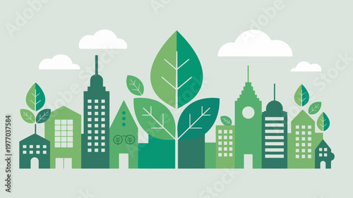 An illustration of a green cityscape with buildings and trees, promoting eco-friendly urban planning and sustainability.