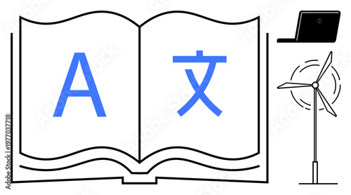 Language learning, renewable energy, digital communication, translation tools, eco-technology, education. Open book with multilingual letters, laptop and wind turbine graphic. Language learning