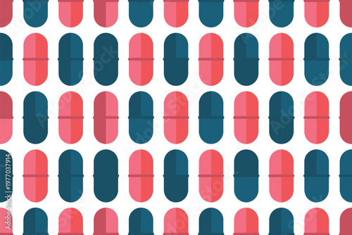 A colorful pattern of red and blue pills on a white background