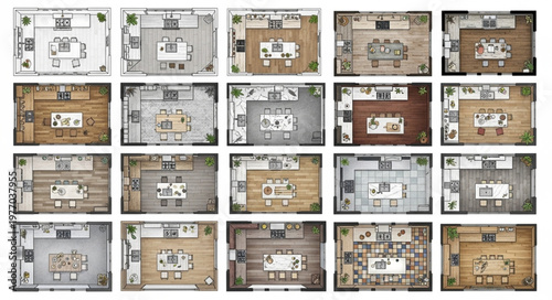 Collection of various dining room floor plan layouts.
