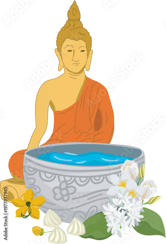 Buddha statue with water bowl for Songkran blessing