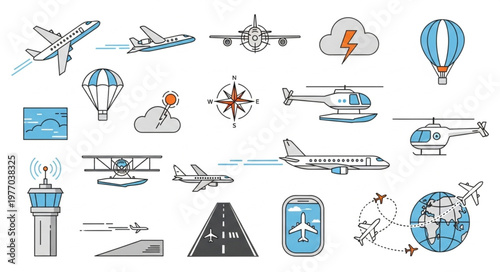 Collection of aviation and transportation icons and illustrations.