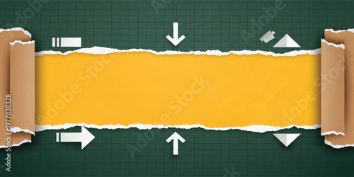Torn Paper Banner Background with Copy Space and Direction Arrows on Grid Texture for Creative Layout, Poster Design, Advertising, and Modern Graphic Composition