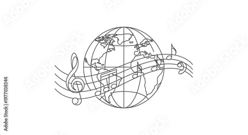 Global musical harmony illustration, representing international sound, peace, and cultural connection through melody and rhythm