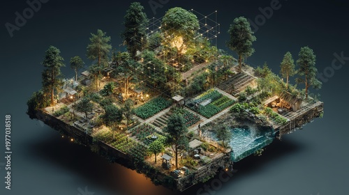 An enchanting green oasis showcasing vibrant gardens, trees, and water features, inviting nature's tranquility.