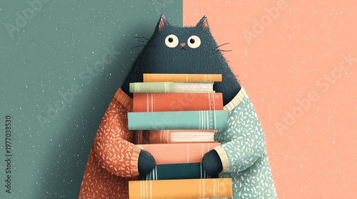 A whimsical illustration of a cat holding colorful books, symbolizing the joy of reading and creativity.
