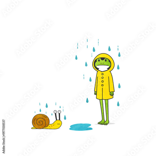 A frog and a snail wearing raincoats カッパを着たカエルとカタツムリ