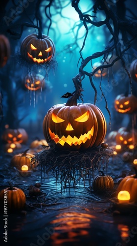 A spooky Halloween scene featuring illuminated pumpkins, eerie woods, and a ghostly atmosphere.