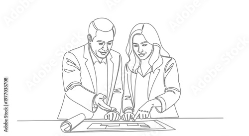 Architects collaborating on blueprint design, discussing building plans and project development