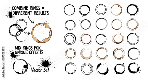 Collection of coffee cup stains and splatters, abstract graphic design elements and brushes for creative projects