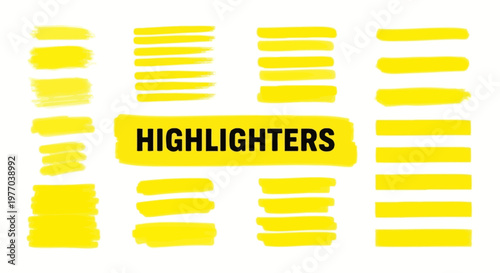 Collection of bright yellow highlighter marker strokes and text on a white background, graphic design elements