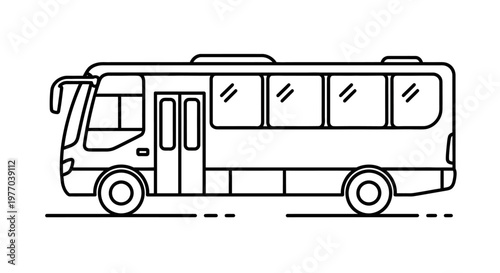 Minimalist black and white line art icon of a modern city bus, representing public transportation, urban mobility, commuter services, and collective travel solutions for graphic design