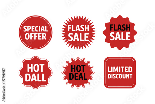 A collection of red sale stickers on a white background