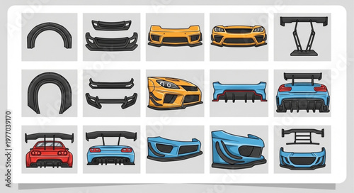 Collection of car body kits and spoilers for customization.