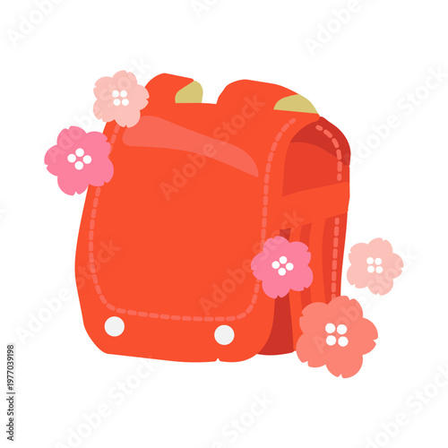 桜と赤色のランドセルのイラスト
