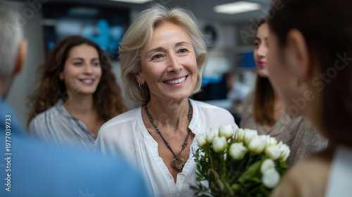 Portrait of an elderly woman with a bouquet of flowers in office.