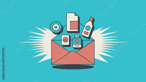 A colorful illustration of an open red envelope filled with various medical supplies and pharmaceutical products.