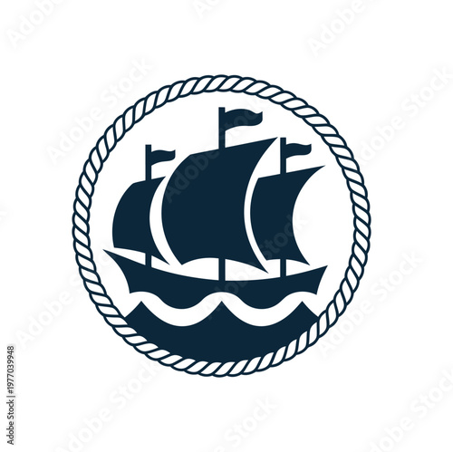 A stylized illustration of a sailing ship in a circular frame