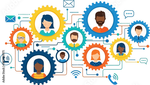 Team Collaboration Network Concept with Connected People Avatars, Communication Technology and Digital Workflow Illustration