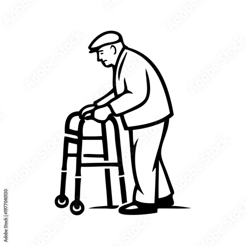 Dibujo minimalista con líneas de un hombre anciano usando un andador de movilidad para los desplazamientos diarios