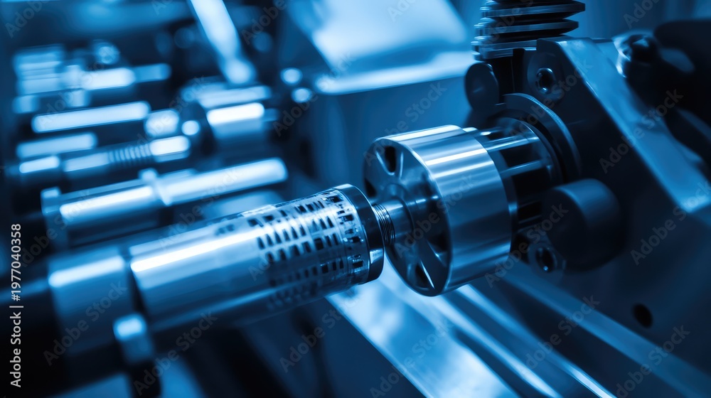 Naklejka premium Industrial cnc machine machining steel components in a bright factory, showcasing precision engineering, automation, robotics and modern metalworking for advanced manufacturing
