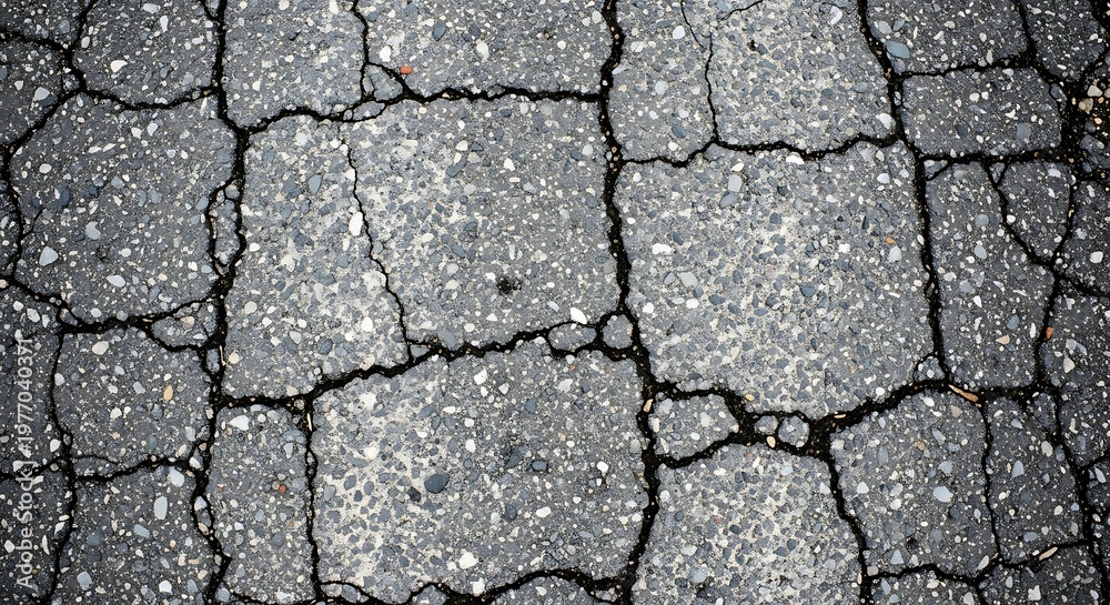 Obraz premium Top view of old cracked asphalt road surface showing deep fissures and weathered texture in a high contrast urban background