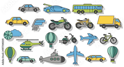 Collection of various transportation vehicles and modes of travel.