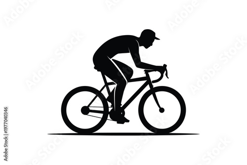 A cyclist rides a bicycle with a determined expression outdoors