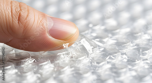  A thumb presses on a single bubble in a sheet of bubble wrap.
