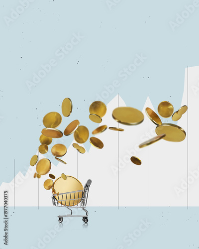 Shopping cart with falling coins, falling money, flying gold coins, golden rain isolated on free png background. Money success concept.