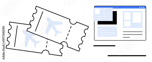 Travel planning, digital reservations, e-commerce, tourism, aviation services, online transactions. Two airline tickets beside a computer screen displaying an online booking portal. Travel planning