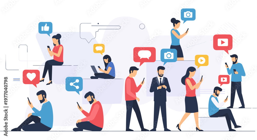 Fototapeta premium Diverse group of people using social media on their devices in colorful flat illustration for business marketing