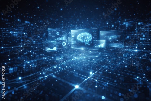 Futuristic digital brain interface with glowing data streams and network connections