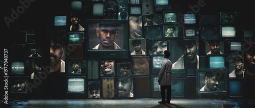Obraz na plátne Man standing in front of wall of vintage televisions showing multiple emotional faces