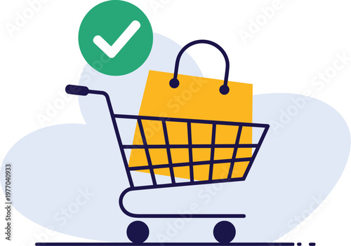 Shopping cart with yellow bag and confirmation check mark.
