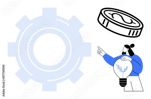 Economic growth, innovation, financial planning, creative solutions, technological advancement, business strategy. Large gear, coin person holding a lightbulb. Innovation and economic growth concept