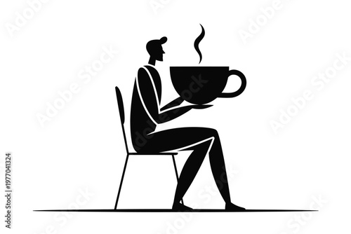 A person sitting on a chair holding a large cup of coffee