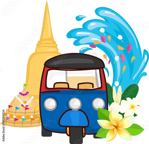 Blue tuk tuk with temple splash for Thai festival