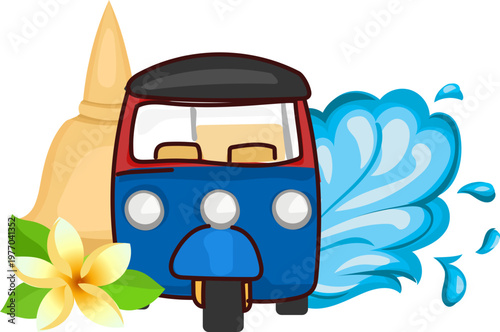 Cute tuk tuk with floral water bloom splash