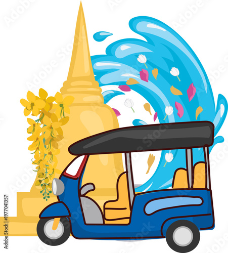 Temple tuk tuk with sweeping water wave design