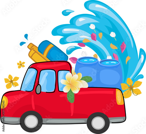 Red car with festive water splash travel art