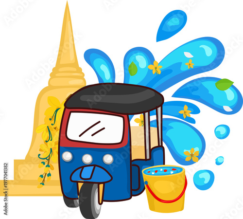 Songkran tuk tuk with bucket and water splash