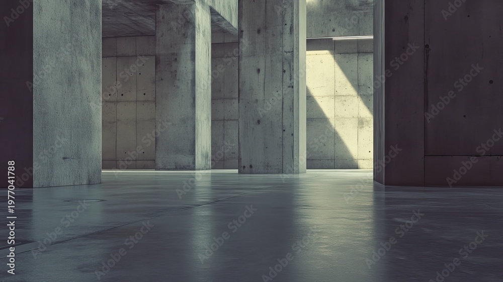 Fototapeta premium Concrete pillars and walls create stark geometric forms and deep shadows as natural light slices the minimalist, brutalist interior, highlighting texture and strong lines