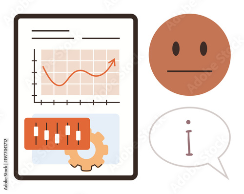 Business management, tech optimization, data analysis, information processing, analytics, and user feedback. Chart, gear speech bubble and face icons. Business management and tech optimization
