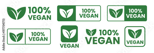 A collection of vibrant green vegan certification labels are displayed promoting plant based products and ethical consumption silhouette high quality professional detailed modern