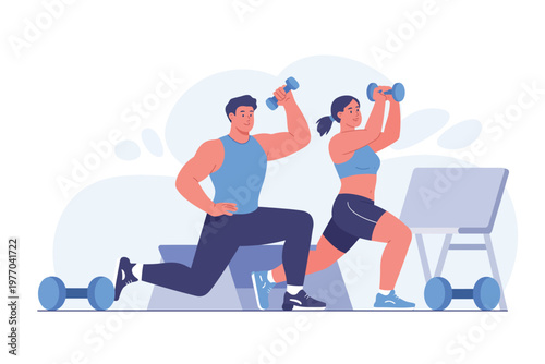 A fit couple exercising with dumbbells in a modern gym