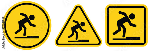A series of yellow warning signs depict a person falling indicating potential hazard areas presented as a silhouette high quality professional detailed modern