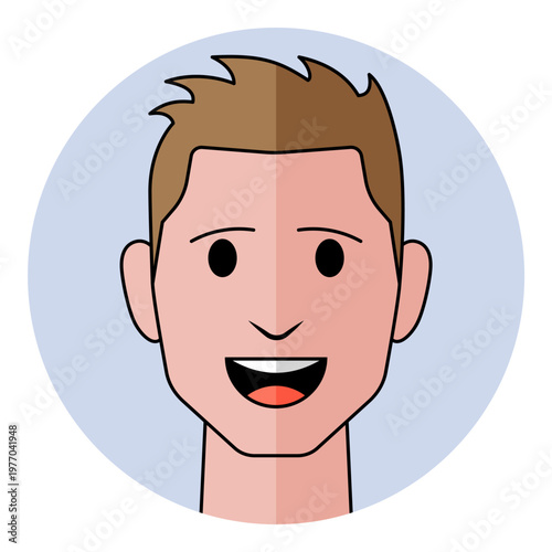 Man face avatar with open mouth and joyful expression in flat style. Male character portrait for talking social media, personal account