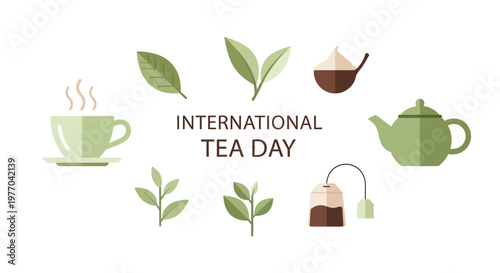 International Tea Day collection of various tea elements including steaming teacup, dark green teapot, fresh tea leaves, and a tea bag on an isolated white background.
